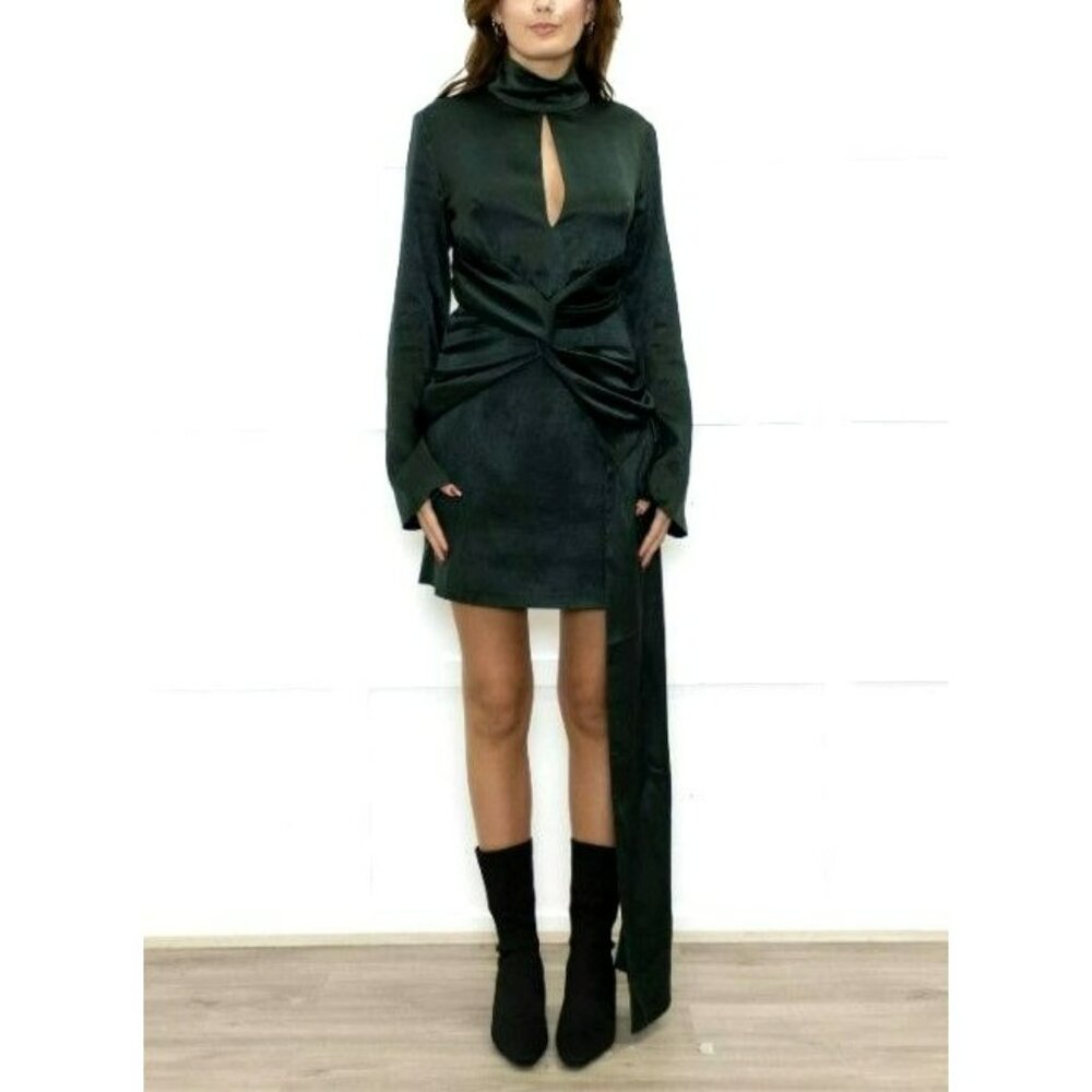 16Arlingon $810 Dark Green Satin Draped Dress Mock Neck